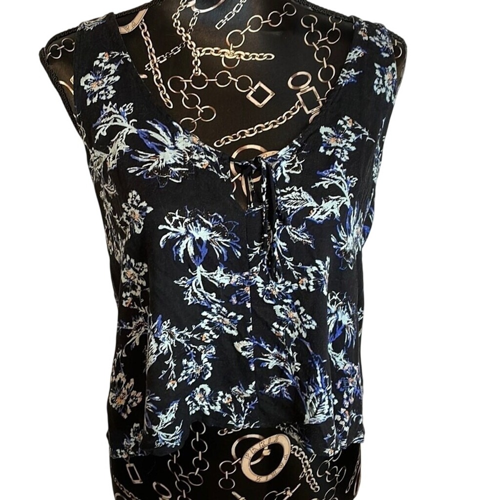 Floral Tank‎ Top Sleeveless Black Blue Casual V Neck Blouse